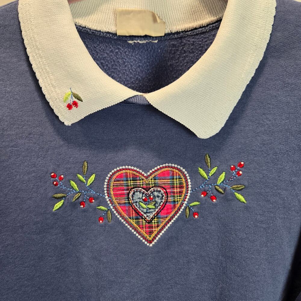 Vintage Sweater Heart Cherry Embroidered Contrast Collar‎ Blue Top Morning Sun L - Picture 3 of 7